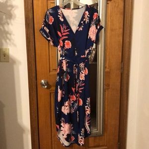 Blue with pink/peach flower tie dress. New